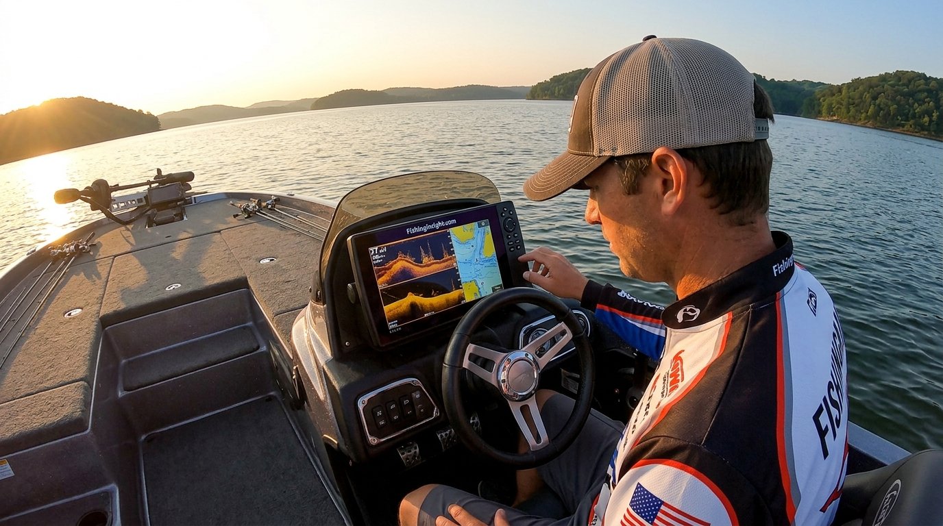 Angler on a boat looking at a fish finder display mounted near the console