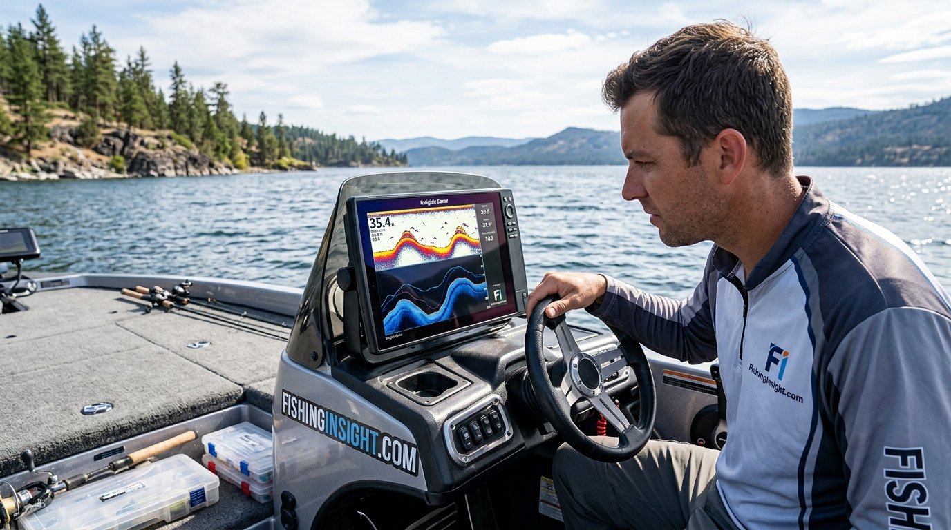 Angler reading a fish finder screen showing arches and depth contour on a boat