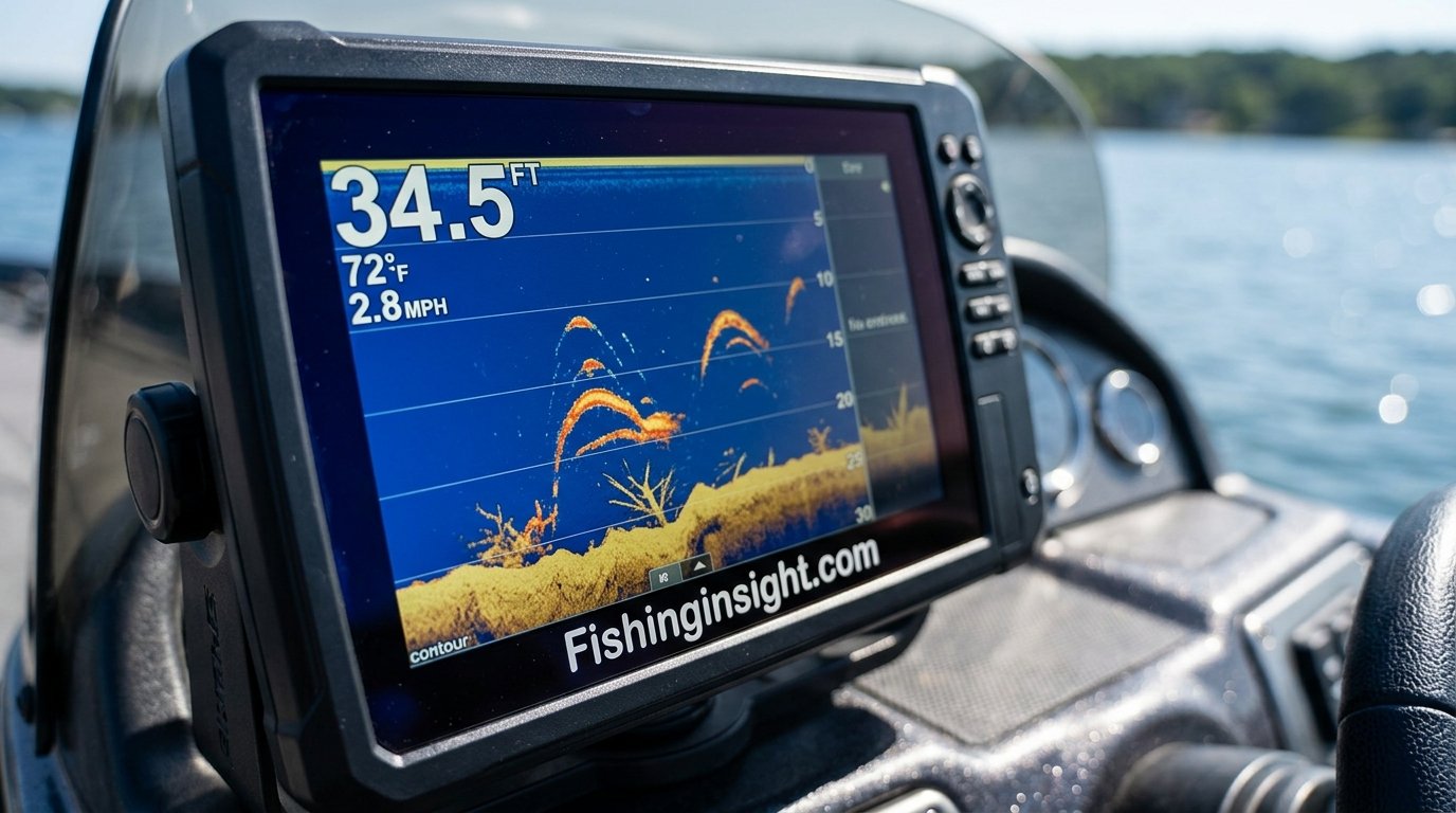 Close up of a fish finder display showing sonar returns and depth numbers