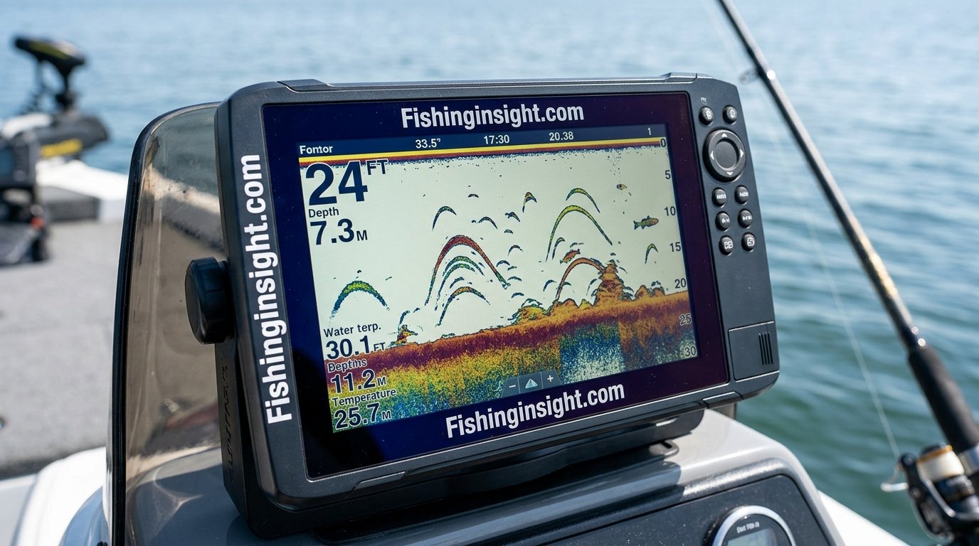 Close-up of a fish finder screen showing sonar arches and depth readings
