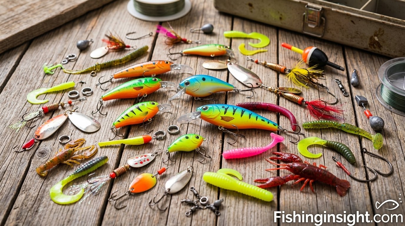Collection of colorful fishing lures and tackle spread on a wooden surface