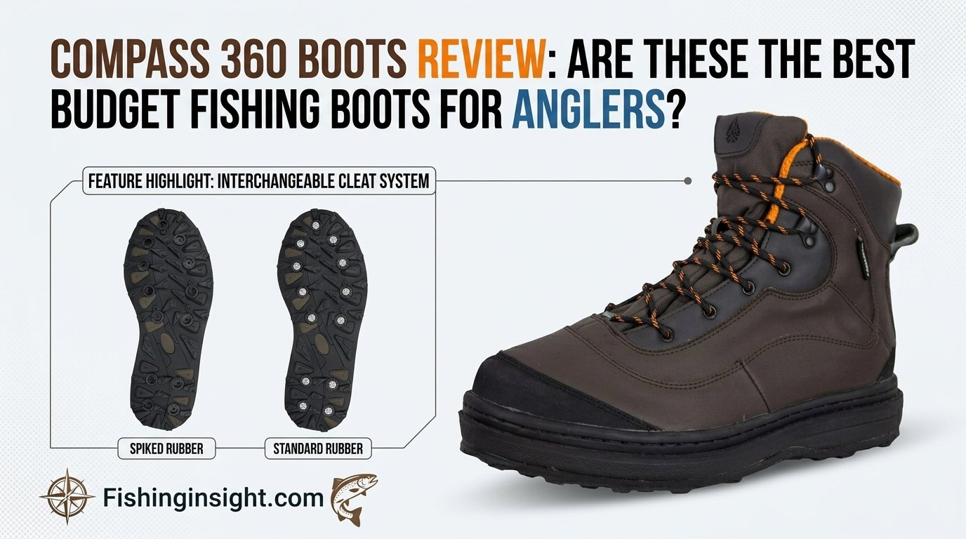 Compass 360 fishing boots standing on a wet boat deck