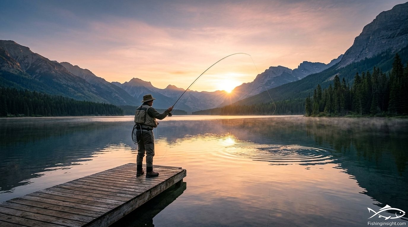 Fisherman casting a line at sunrise over a calm lake surrounded by mountains