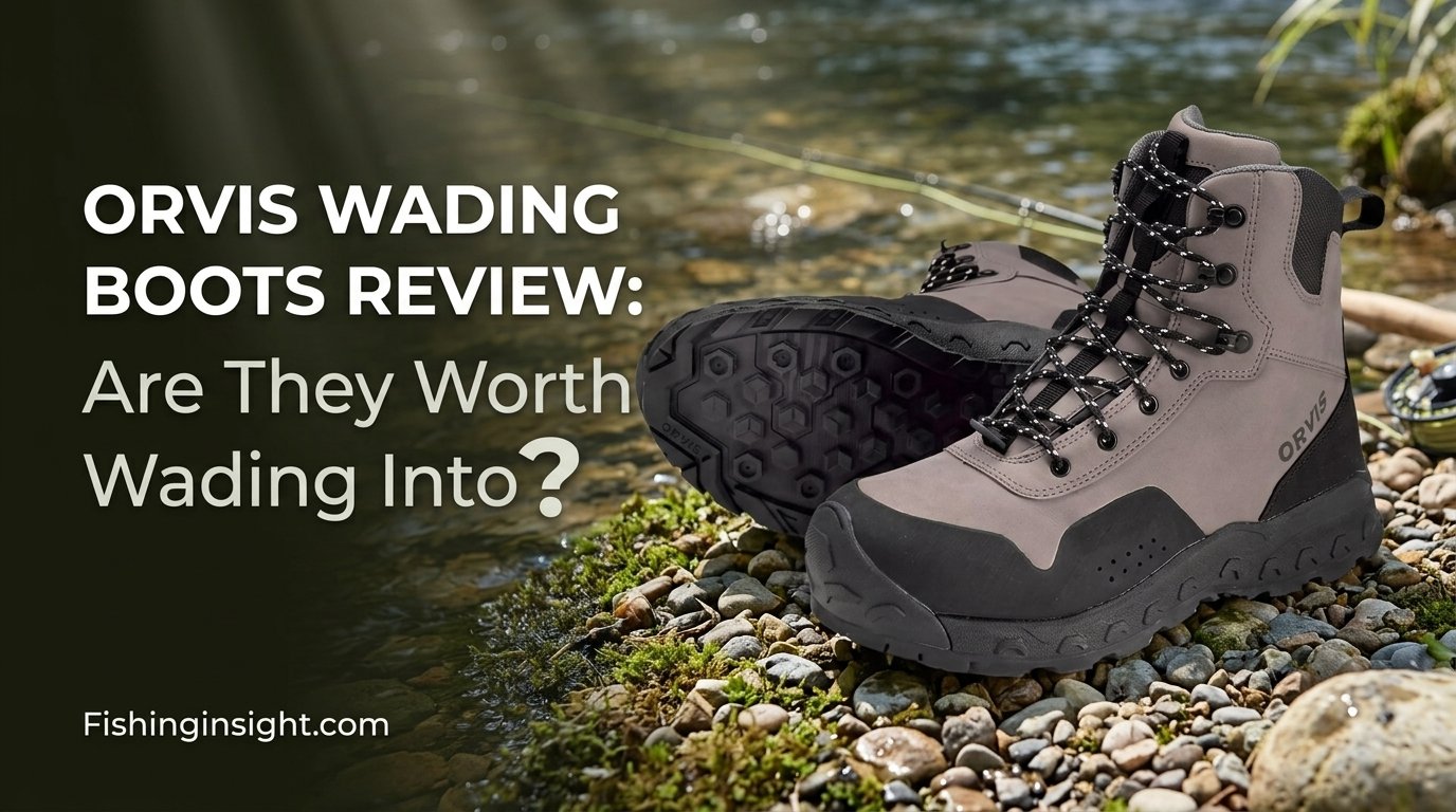 Orvis wading boots standing on a river rock, front angle view