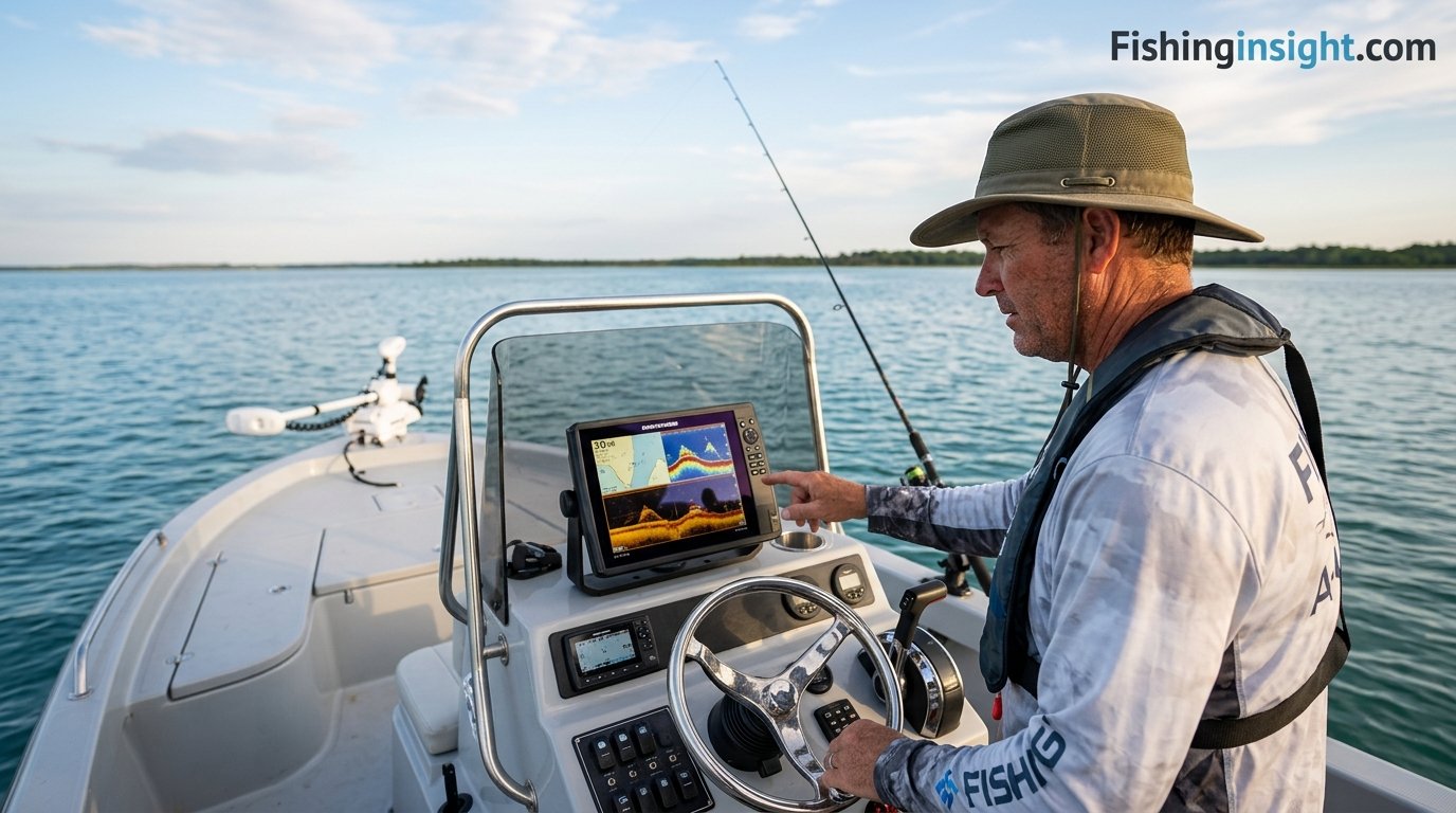 Angler checking a sonar display mounted on a boat console while fishing on open water