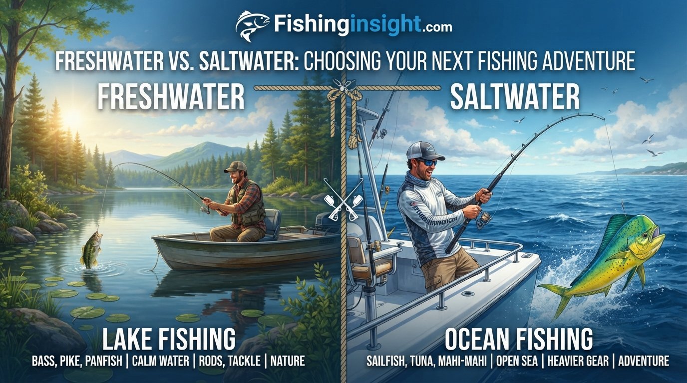Angler comparing freshwater lake fishing and saltwater ocean fishing