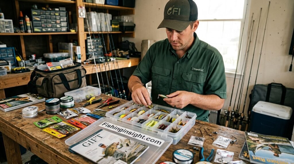 Angler organizing lures and tackle before a fishing trip