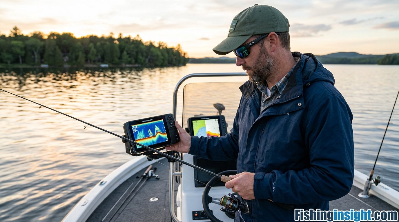 Angler viewing sonar display while fishing from a boat