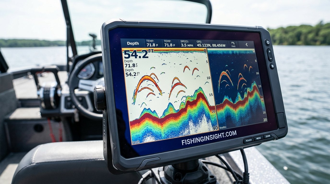 Close-up of a sonar unit screen showing depth contour and fish arches on a boat