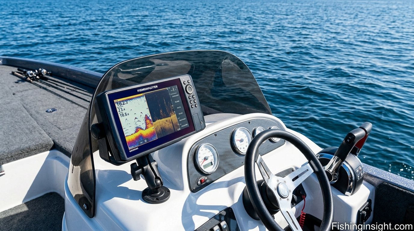Fish finder mounted on a boat console on open water