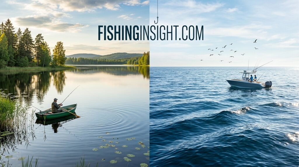 Split scene showing a calm freshwater lake and open saltwater ocean