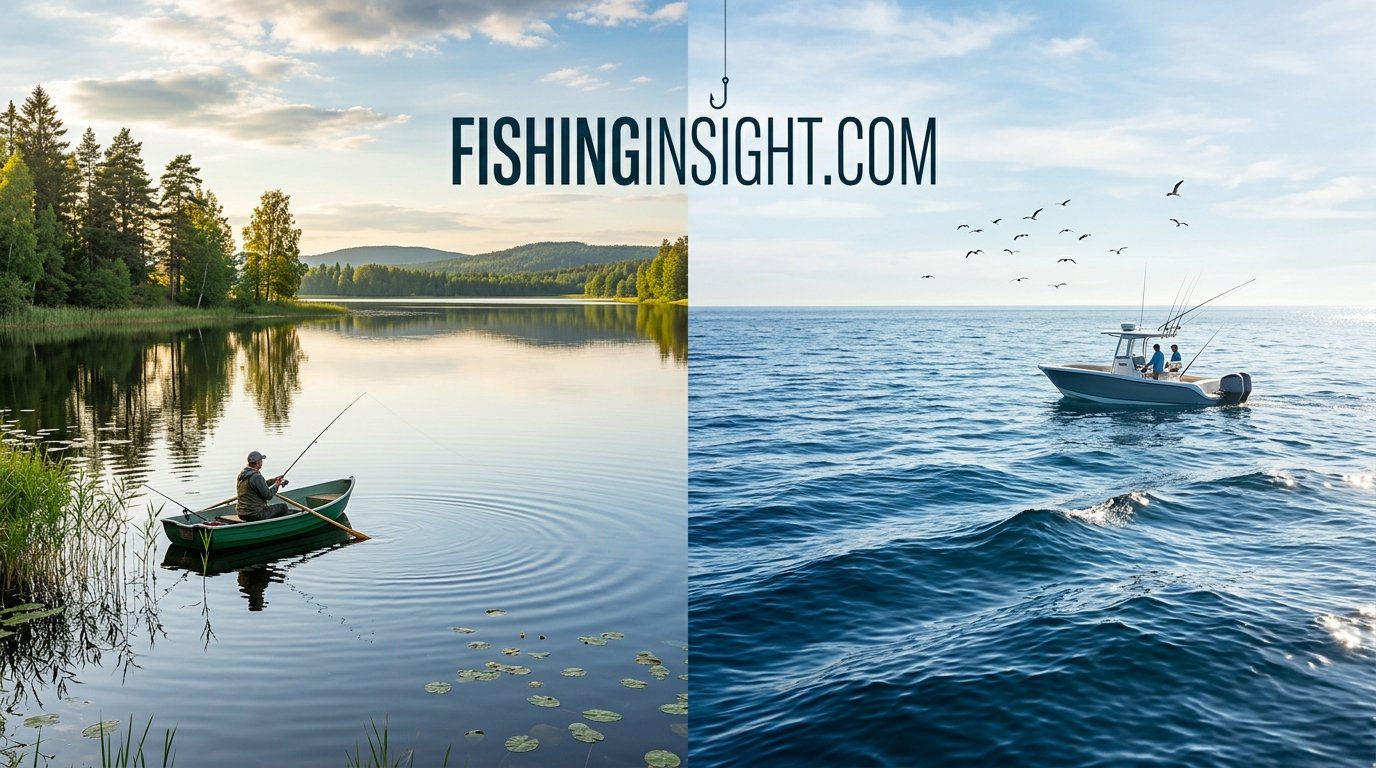 Split scene showing a calm freshwater lake and open saltwater ocean