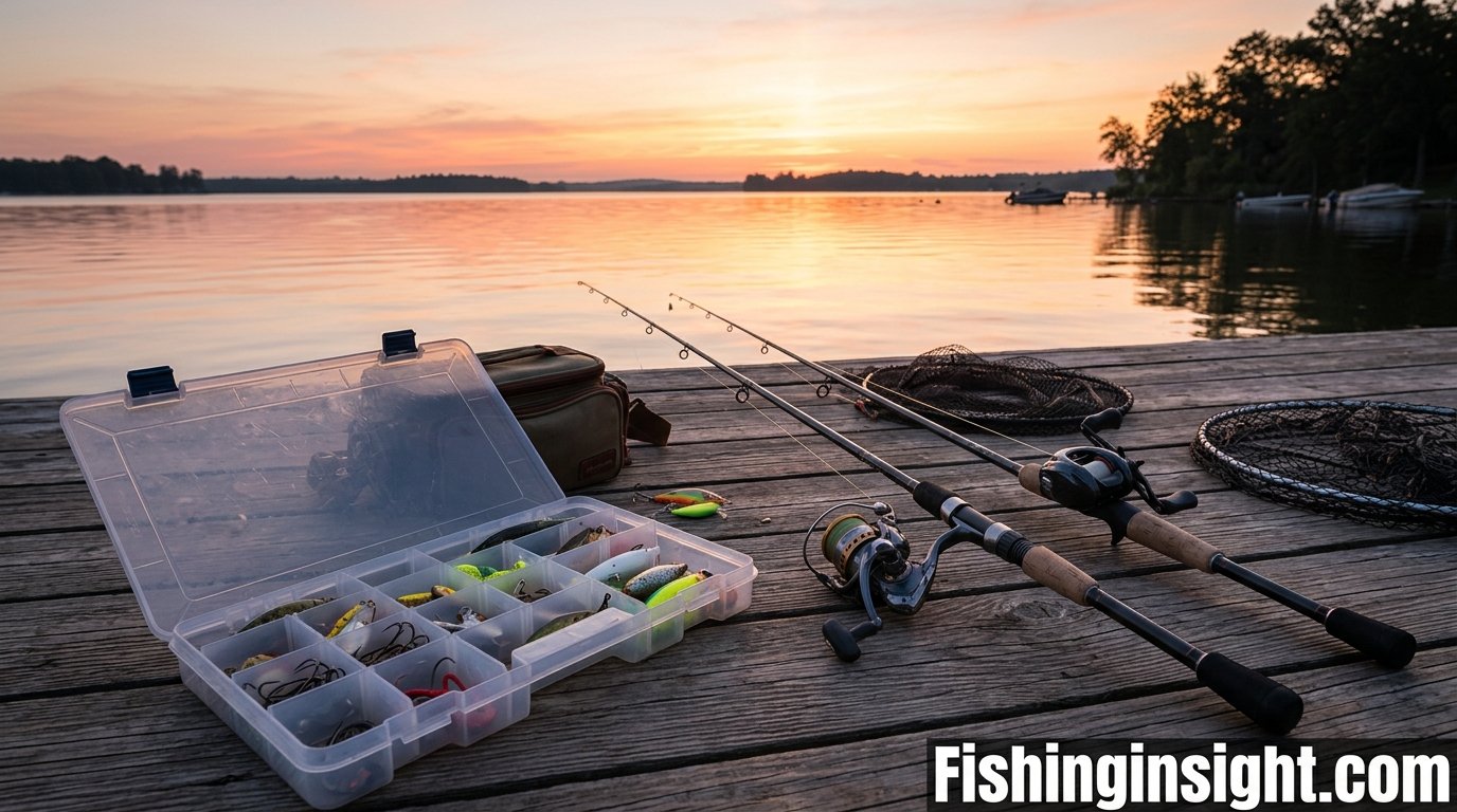 Tackle box and fishing rods laid out on a dock at sunrise